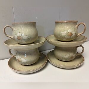 4 Sets of Vintage Denby “Daybreak” Stoneware Handcrafted Cups and  Saucers EUC